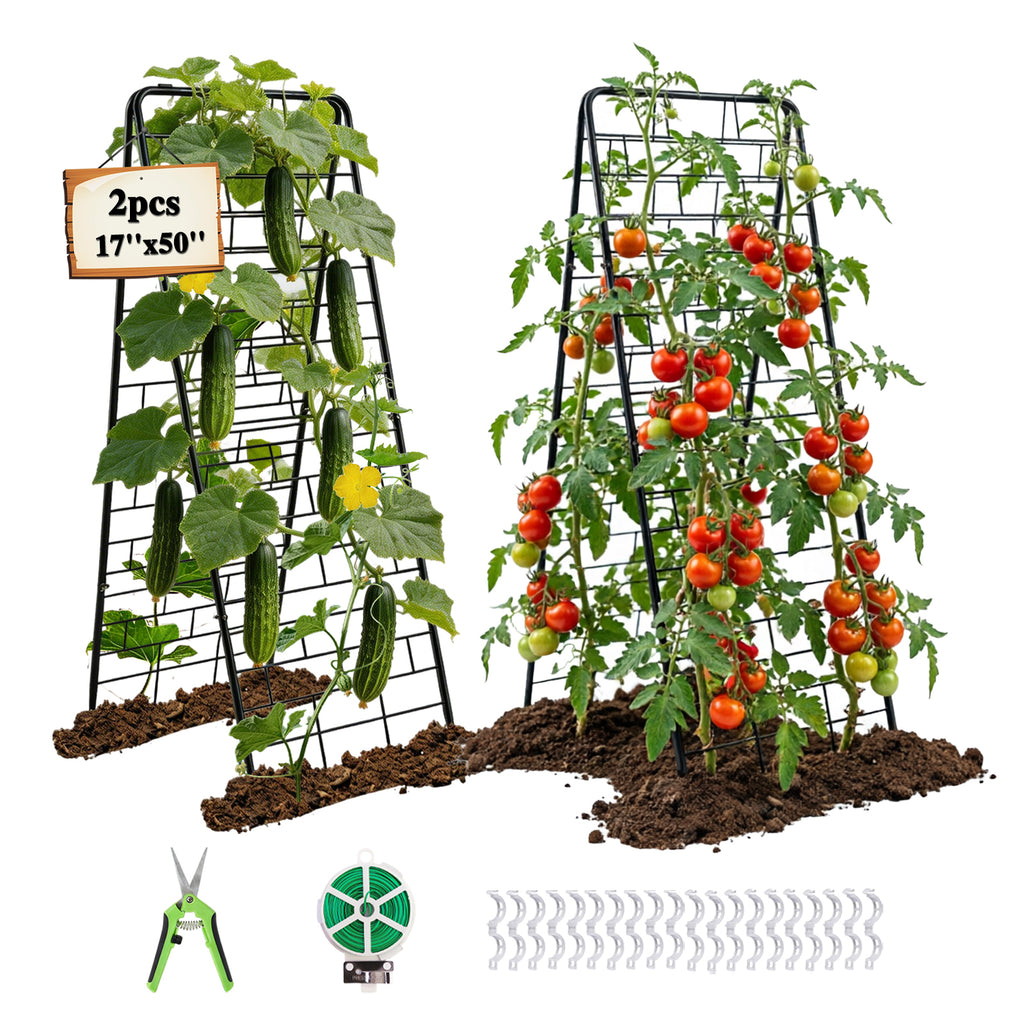 A-Frame Garden Trellis for Climbing Plants, 2 Pack 50" Heavy Duty Metal Tomato Trellis, Rustproof Steel Cucumber Trellis with Stakes, Foldable Plant Support for Raised Beds, Vegetables & Vines(Black)