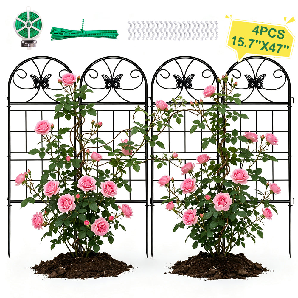 4 Pack Black Garden Trellis for Climbing Plants Outdoor 47” x 16” Climbing Rose Trellis Wrought Iron Trellis Ivy Cucumbers Decorative Metal Flat Trellis