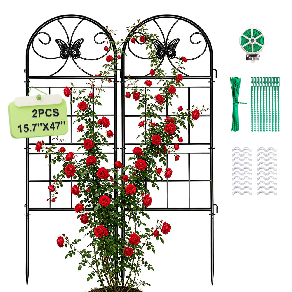 2 Pack Black Garden Trellis for Climbing Plants Outdoor 47” x 15.7” Climbing Rose Trellis Wrought Iron Trellis Ivy Cucumbers Decorative Metal Flat Trellis