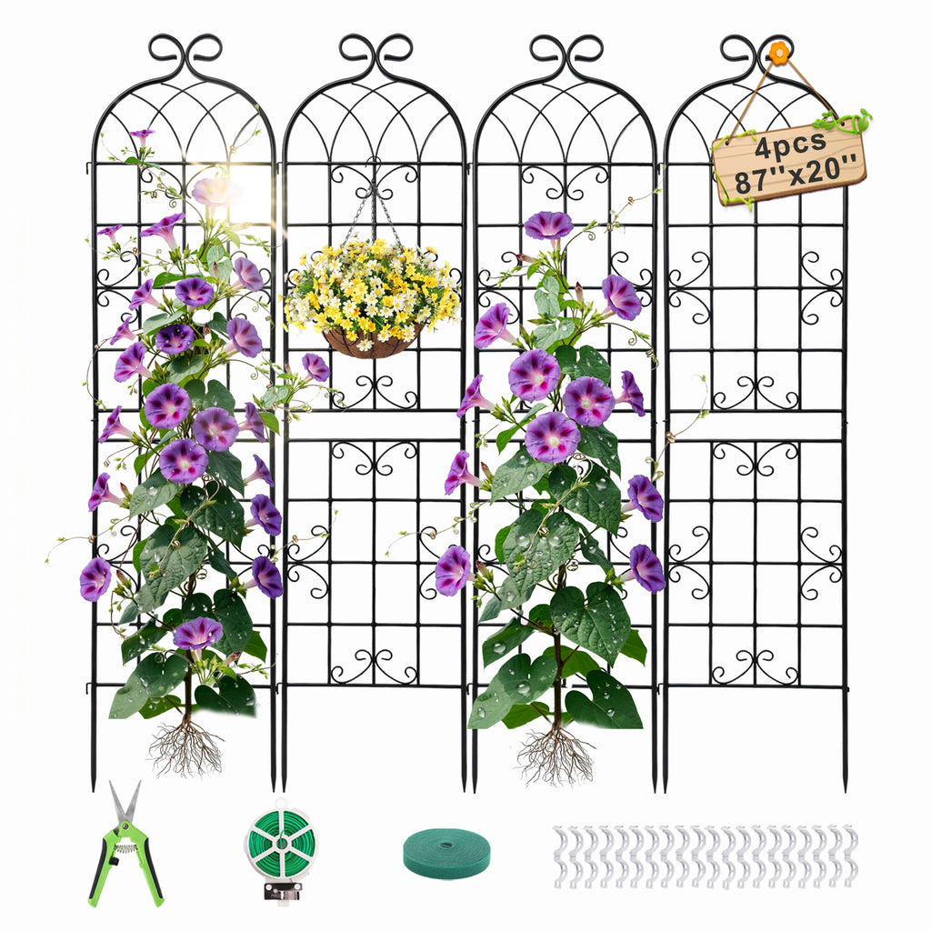 4 Pack 87.8" H x 20" W Metal Garden Trellis for Climbing Plants Outdoor, Black Lattice Panel, Sturdy Plant Support for Roses, Vines, Cucumbers & Vegetables