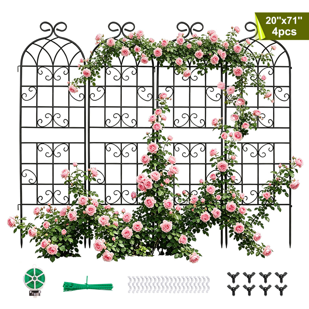 4 Pack 72x20in Rustic Iron Arch Decoration Garden Trellis with Black Metal Coating – Perfect for Supporting Climbing Plants Outdoor, Roses, Vines, Flowers, and Vegetables.