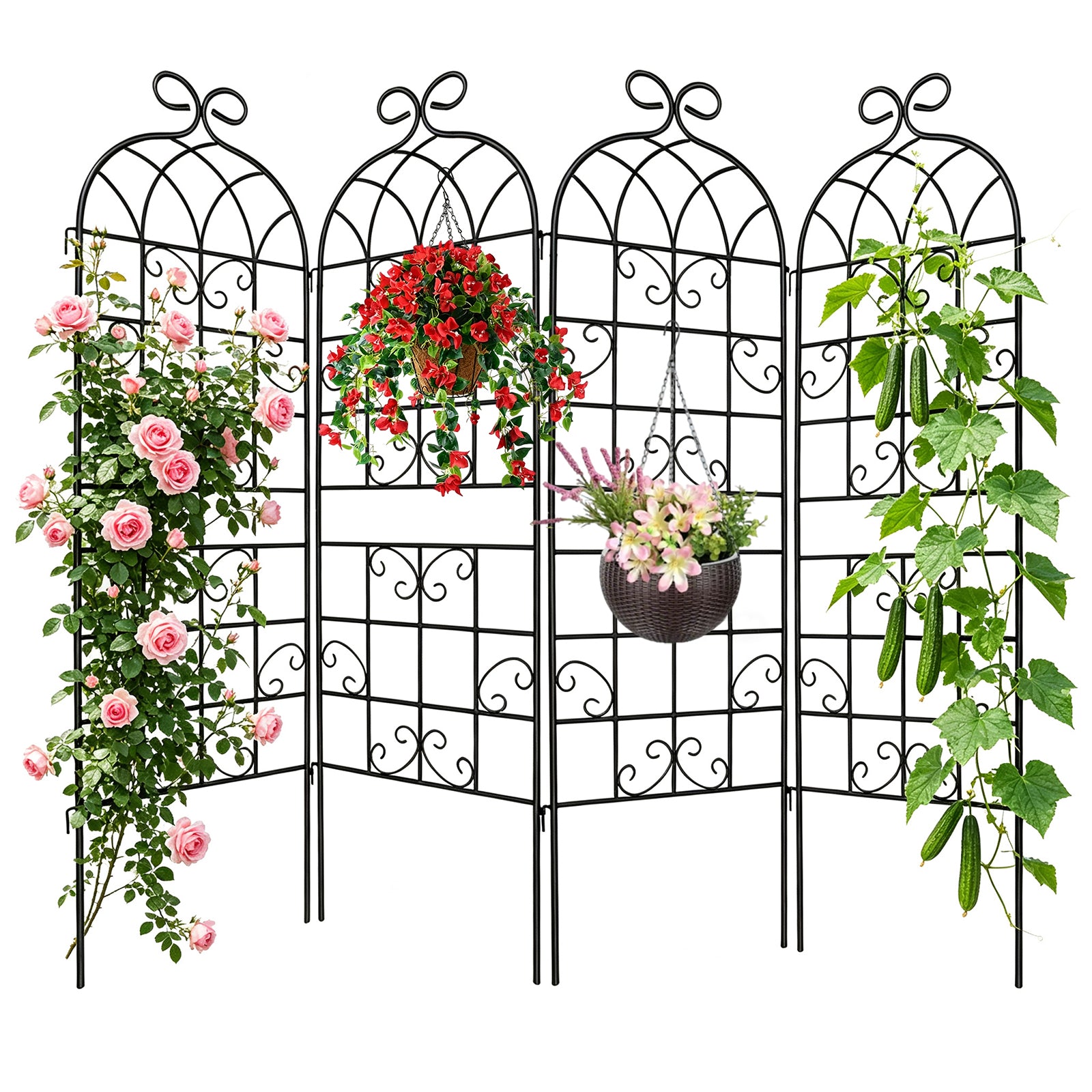4 Pack 72x20in Rustic Iron Arch Decoration Garden Trellis with Black Metal Coating – Perfect for Supporting Climbing Plants Outdoor, Roses, Vines, Flowers, and Vegetables.
