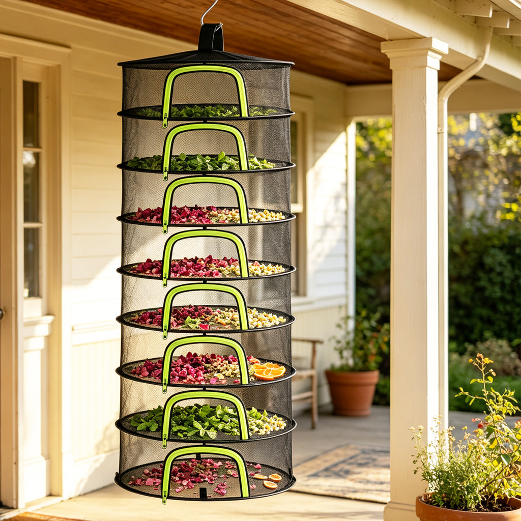 (8 Layers-23.62'') Herb Drying Rack Hanging Mesh Net - 8 Tier plant drying rack Foldable Design with U-Zipper, Bonus Pruning Shears & Plant Hooks for Garden Herbs, Vegetables, Fruits, Flowers & Dried Foods