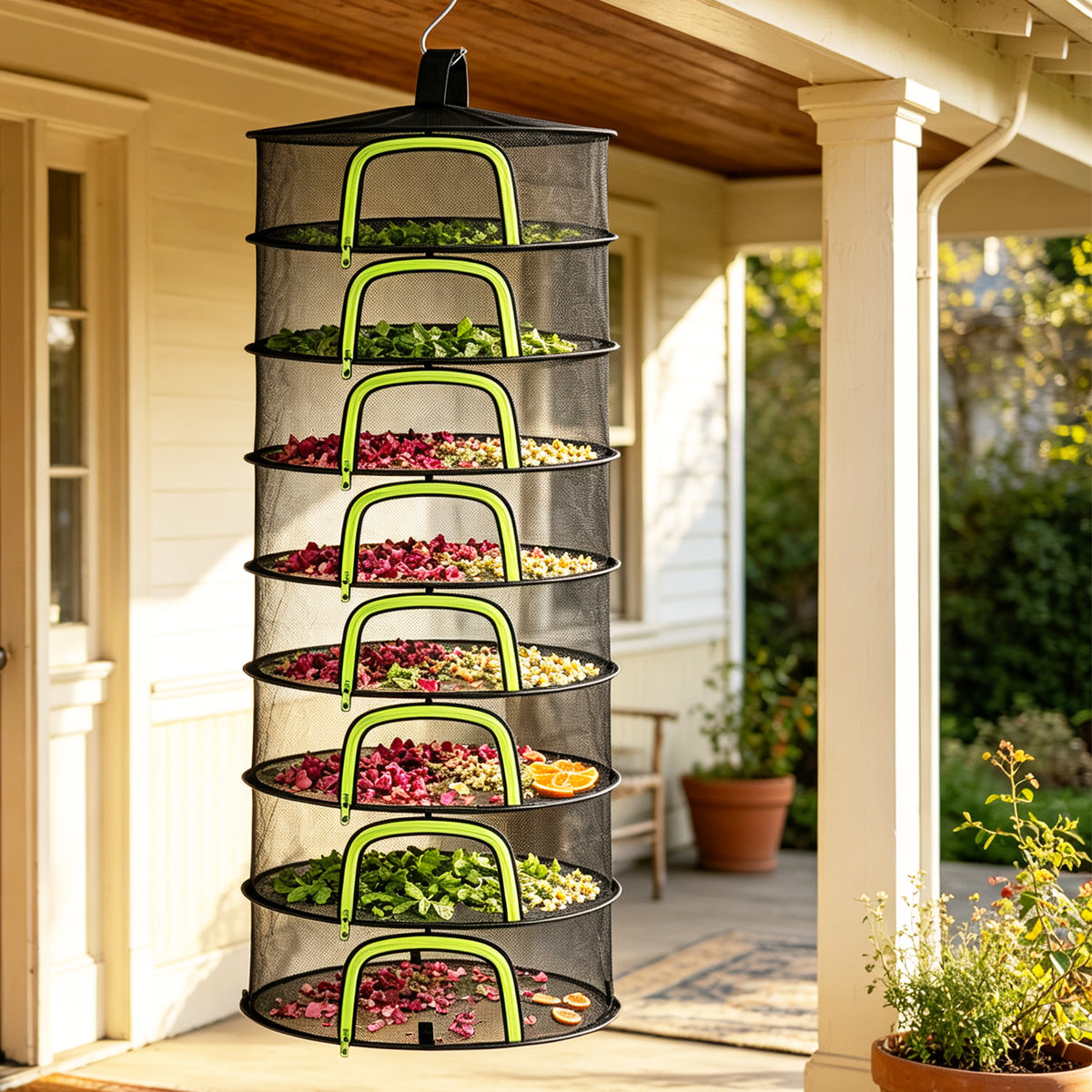 (8 Layers-23.62'') Herb Drying Rack Hanging Mesh Net - 8 Tier plant drying rack Foldable Design with U-Zipper, Bonus Pruning Shears & Plant Hooks for Garden Herbs, Vegetables, Fruits, Flowers & Dried Foods
