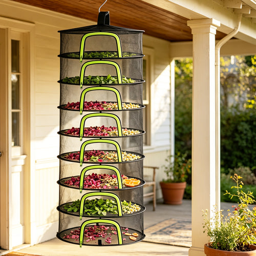 (8 Layers-23.62'') Herb Drying Rack Hanging Mesh Net - 8 Tier plant drying rack Foldable Design with U-Zipper, Bonus Pruning Shears & Plant Hooks for Garden Herbs, Vegetables, Fruits, Flowers & Dried Foods