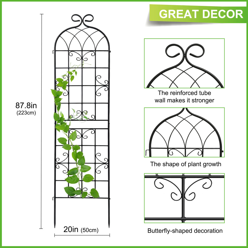 2 Pack 87.8x20in Rustic Iron Arch Decoration Garden Trellis with Black Metal Coating – Perfect for Supporting Climbing Plants Outdoor, Roses, Vines, Flowers, and Vegetables.