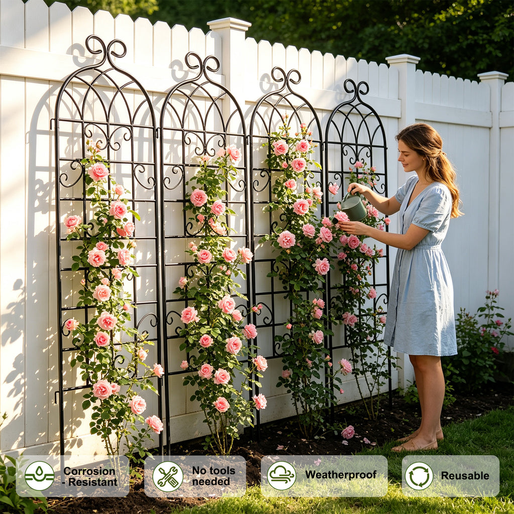 4 Pack 72x20in Rustic Iron Arch Decoration Garden Trellis with Black Metal Coating – Perfect for Supporting Climbing Plants Outdoor, Roses, Vines, Flowers, and Vegetables.