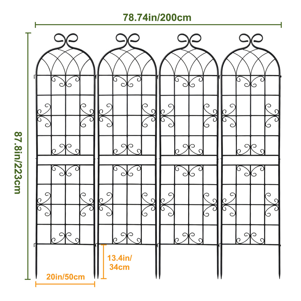 4 Pack 87.8" H x 20" W Metal Garden Trellis for Climbing Plants Outdoor, Black Lattice Panel, Sturdy Plant Support for Roses, Vines, Cucumbers & Vegetables