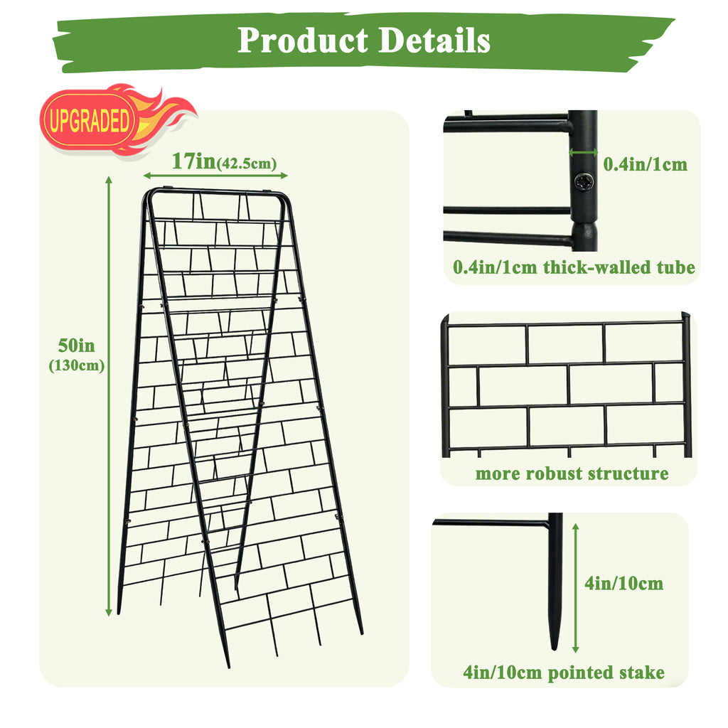 A-Frame Garden Trellis for Climbing Plants, 2 Pack 50" Heavy Duty Metal Tomato Trellis, Rustproof Steel Cucumber Trellis with Stakes, Foldable Plant Support for Raised Beds, Vegetables & Vines(Black)