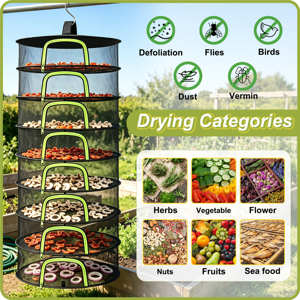(8 Layers-23.62'') Herb Drying Rack Hanging Mesh Net - 8 Tier plant drying rack Foldable Design with U-Zipper, Bonus Pruning Shears & Plant Hooks for Garden Herbs, Vegetables, Fruits, Flowers & Dried Foods