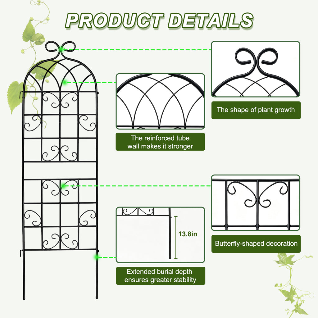 4 Pack 72x20in Rustic Iron Arch Decoration Garden Trellis with Black Metal Coating – Perfect for Supporting Climbing Plants Outdoor, Roses, Vines, Flowers, and Vegetables.