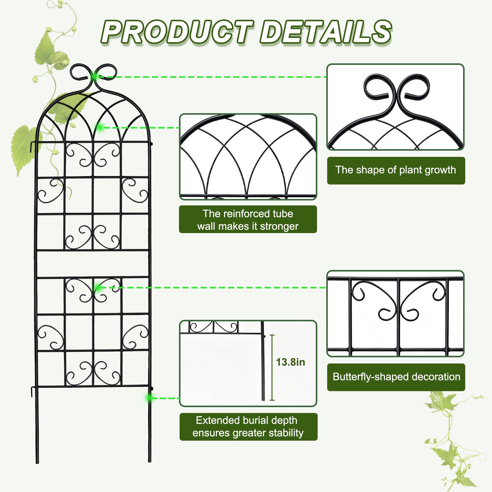 4 Pack 72x20in Rustic Iron Arch Decoration Garden Trellis with Black Metal Coating – Perfect for Supporting Climbing Plants Outdoor, Roses, Vines, Flowers, and Vegetables.