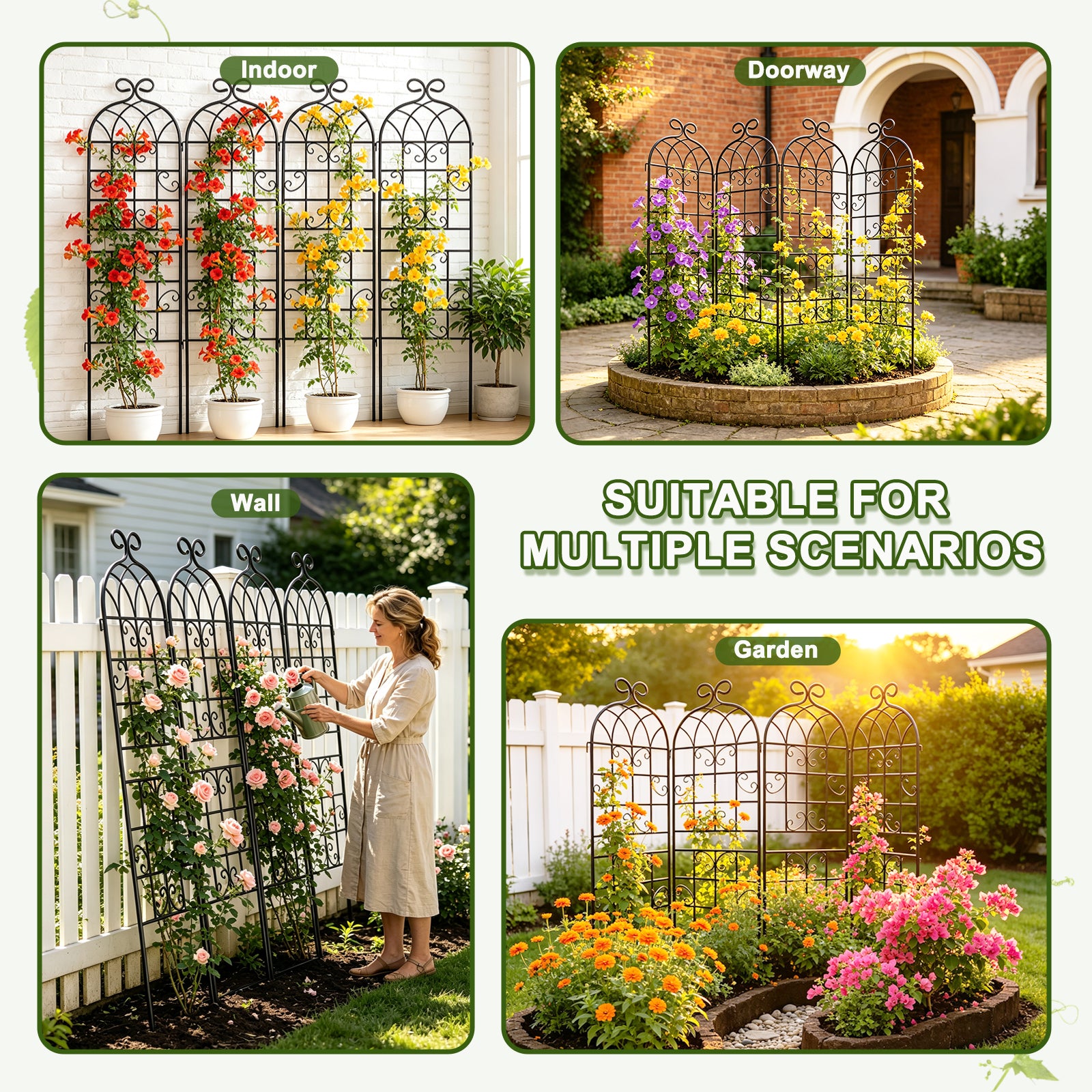 4 Pack 72x20in Rustic Iron Arch Decoration Garden Trellis with Black Metal Coating – Perfect for Supporting Climbing Plants Outdoor, Roses, Vines, Flowers, and Vegetables.