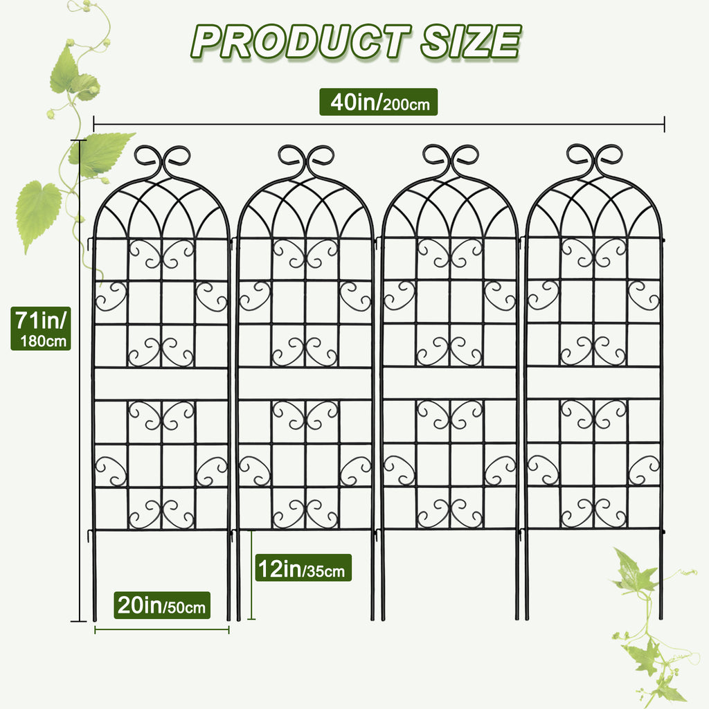 4 Pack 72x20in Rustic Iron Arch Decoration Garden Trellis with Black Metal Coating – Perfect for Supporting Climbing Plants Outdoor, Roses, Vines, Flowers, and Vegetables.