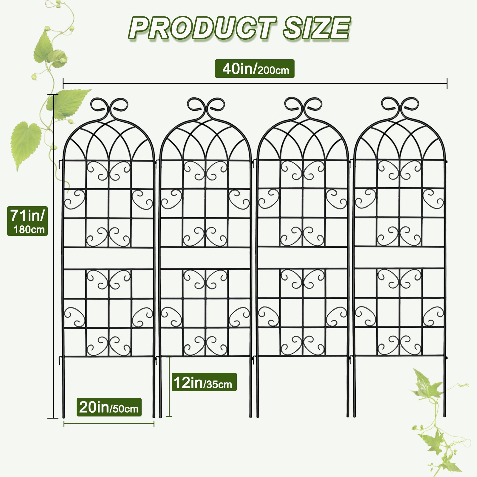 4 Pack 72x20in Rustic Iron Arch Decoration Garden Trellis with Black Metal Coating – Perfect for Supporting Climbing Plants Outdoor, Roses, Vines, Flowers, and Vegetables.