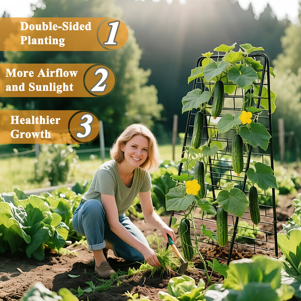 50"x17" A-Frame Cucumber Trellis for Raised Bed, Heavy Duty All-Metal Support for Climbing Plants, Cucumbers, Tomatoes & Beans, Easy Assembly, with Bonus Shears & Accessories, 1 Pack, Black,