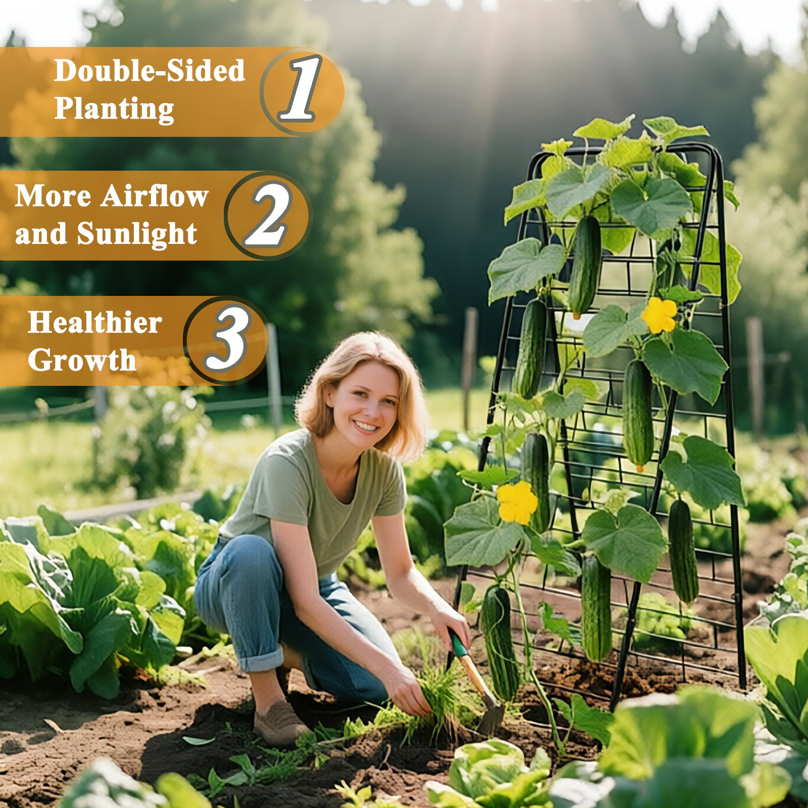 50"x17" A-Frame Cucumber Trellis for Raised Bed, Heavy Duty All-Metal Support for Climbing Plants, Cucumbers, Tomatoes & Beans, Easy Assembly, with Bonus Shears & Accessories, 1 Pack, Black,