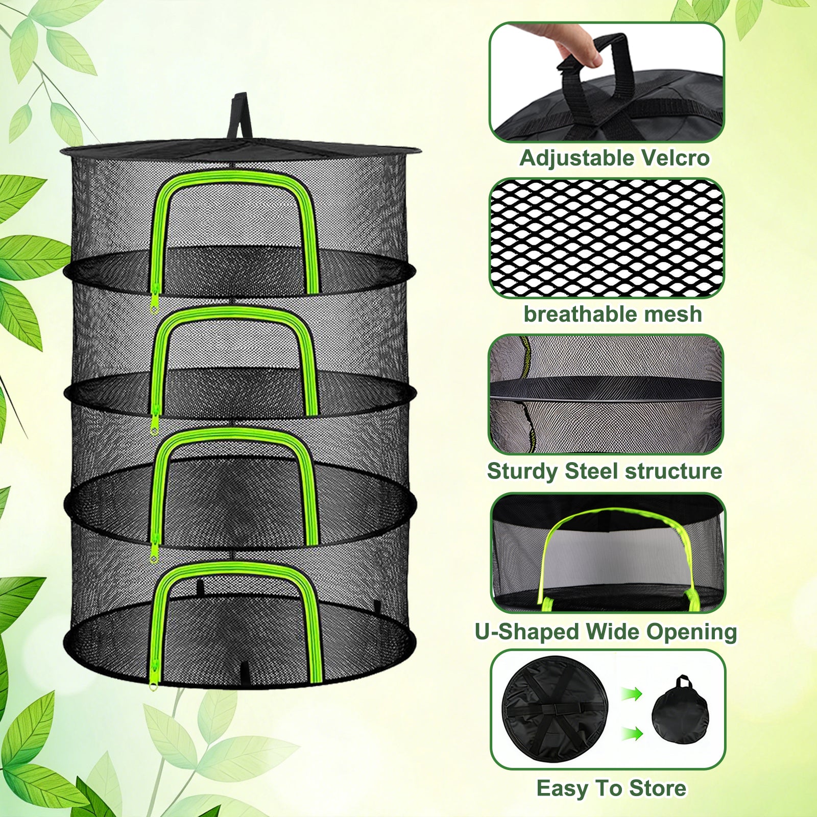 (4 Layers-23.62'') Herb Drying Rack, Hanging Mesh Net, Foldable Plant Drying Rack With U-Shaped Zipper, Garden Trimming Shears and Hooks, For Drying Herbs Plants, Fruits, Seafood, Clothing