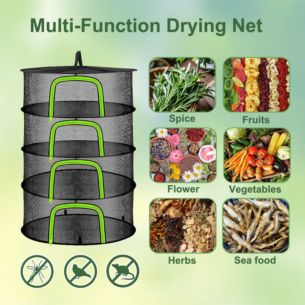 (4 Layers-23.62'') Herb Drying Rack, Hanging Mesh Net, Foldable Plant Drying Rack With U-Shaped Zipper, Garden Trimming Shears and Hooks, For Drying Herbs Plants, Fruits, Seafood, Clothing