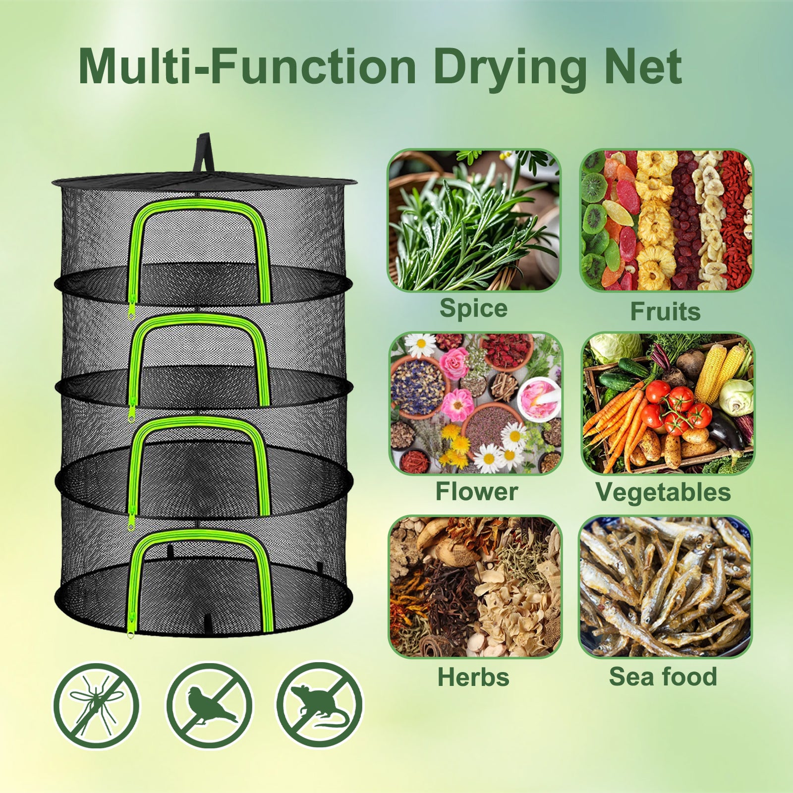 (4 Layers-23.62'') Herb Drying Rack, Hanging Mesh Net, Foldable Plant Drying Rack With U-Shaped Zipper, Garden Trimming Shears and Hooks, For Drying Herbs Plants, Fruits, Seafood, Clothing