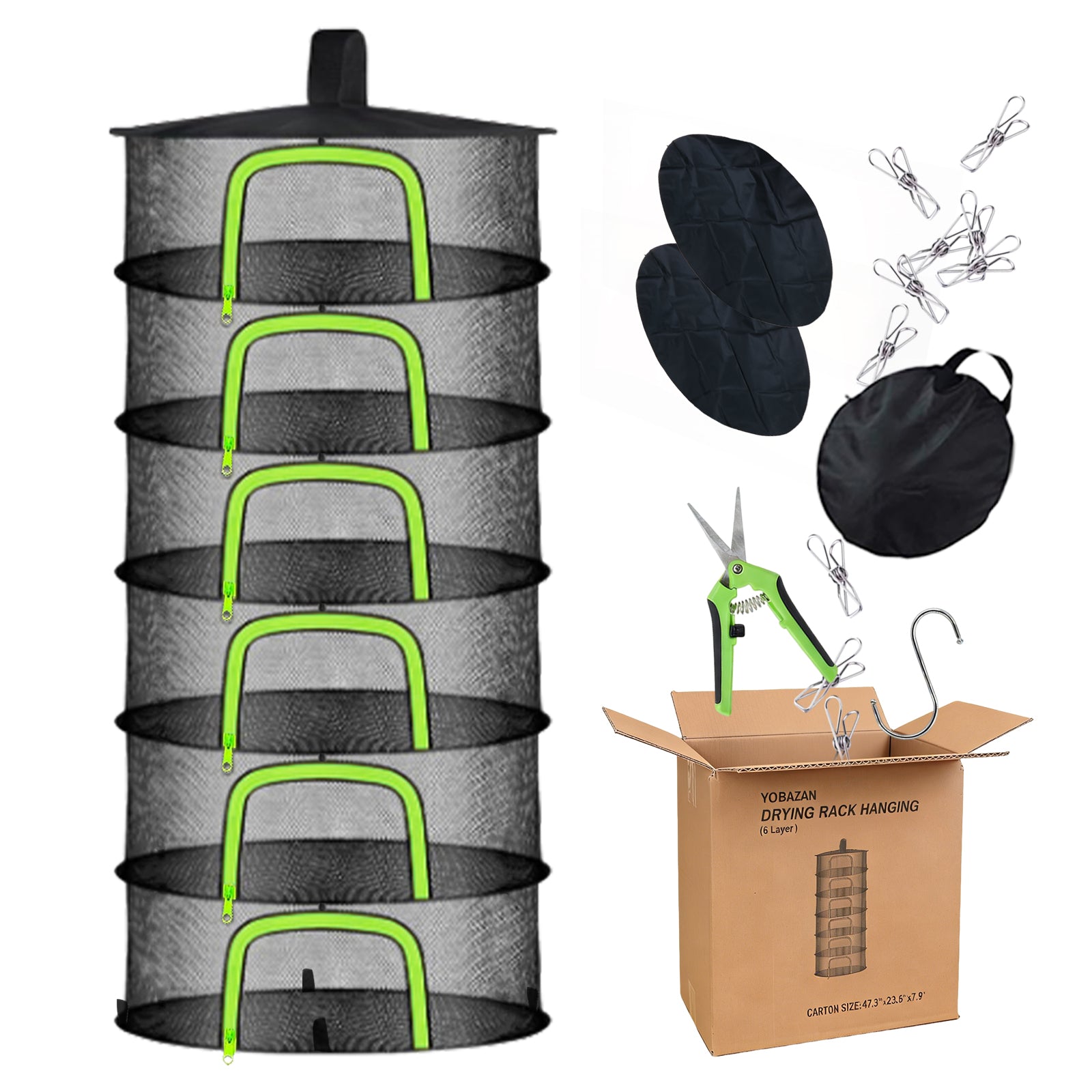 (6 Layers-23.62'') Herb Drying Rack, Hanging Mesh Net, Foldable Plant Drying Rack With U-Shaped Zipper, Garden Trimming Shears and Hooks, For Drying Herbs Plants, Fruits, Seafood, Clothing