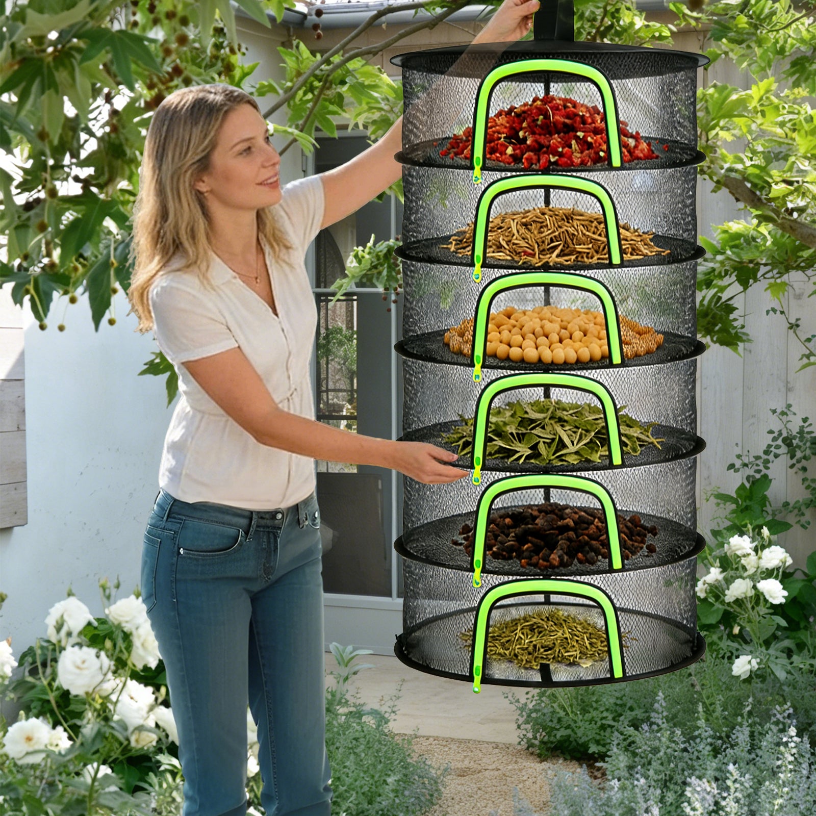 (6 Layers-23.62'') Herb Drying Rack, Hanging Mesh Net, Foldable Plant Drying Rack With U-Shaped Zipper, Garden Trimming Shears and Hooks, For Drying Herbs Plants, Fruits, Seafood, Clothing