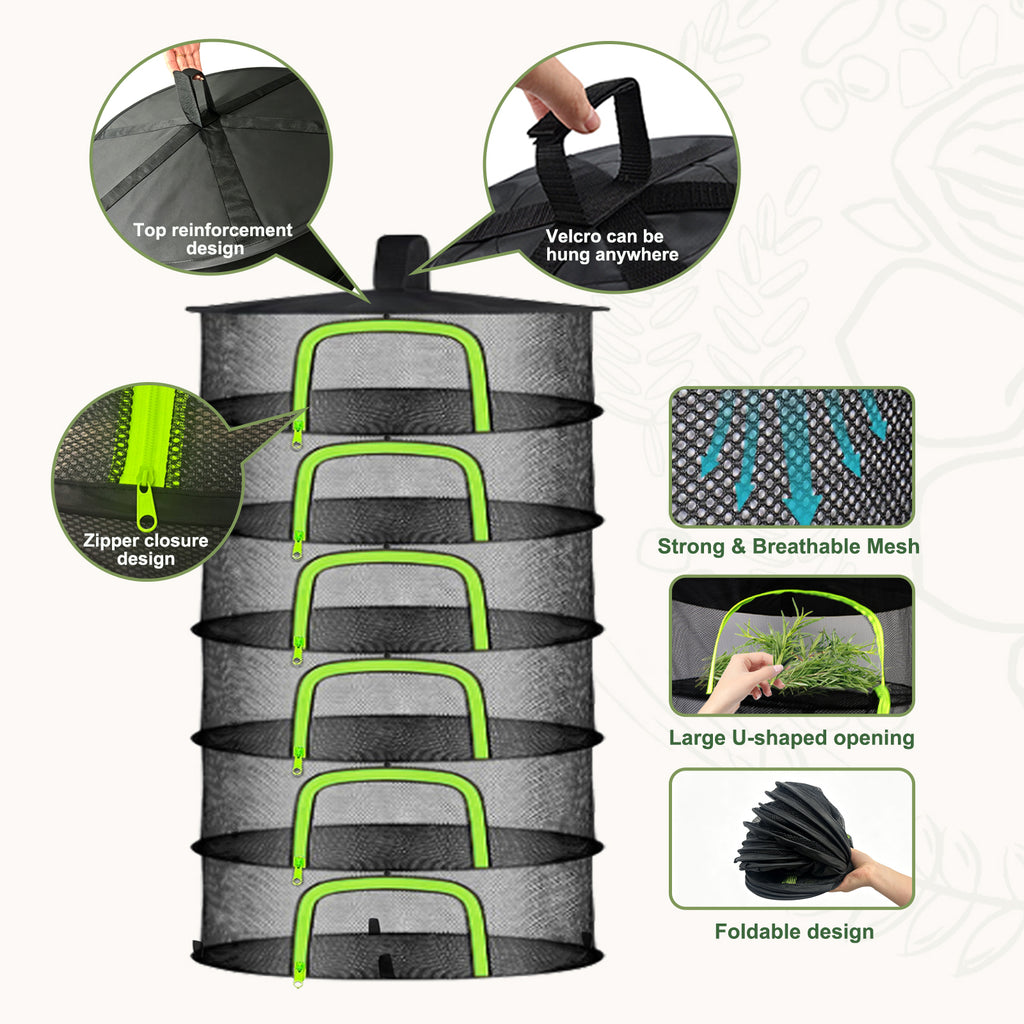 (6 Layers-23.62'') Herb Drying Rack, Hanging Mesh Net, Foldable Plant Drying Rack With U-Shaped Zipper, Garden Trimming Shears and Hooks, For Drying Herbs Plants, Fruits, Seafood, Clothing