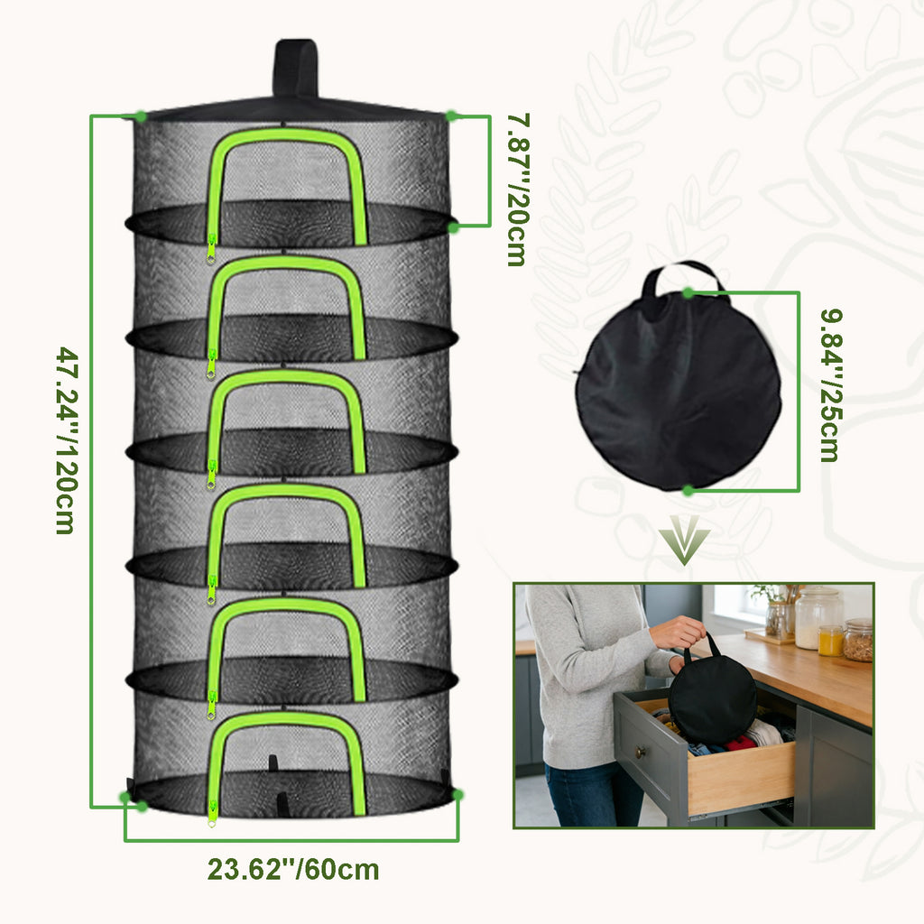 (6 Layers-23.62'') Herb Drying Rack, Hanging Mesh Net, Foldable Plant Drying Rack With U-Shaped Zipper, Garden Trimming Shears and Hooks, For Drying Herbs Plants, Fruits, Seafood, Clothing
