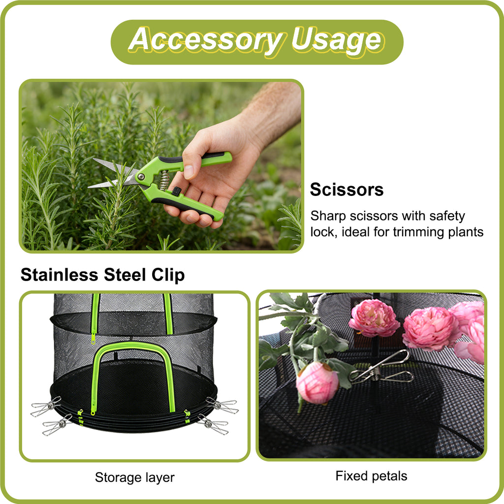 (8 Layers-23.62'') Herb Drying Rack Hanging Mesh Net - 8 Tier plant drying rack Foldable Design with U-Zipper, Bonus Pruning Shears & Plant Hooks for Garden Herbs, Vegetables, Fruits, Flowers & Dried Foods