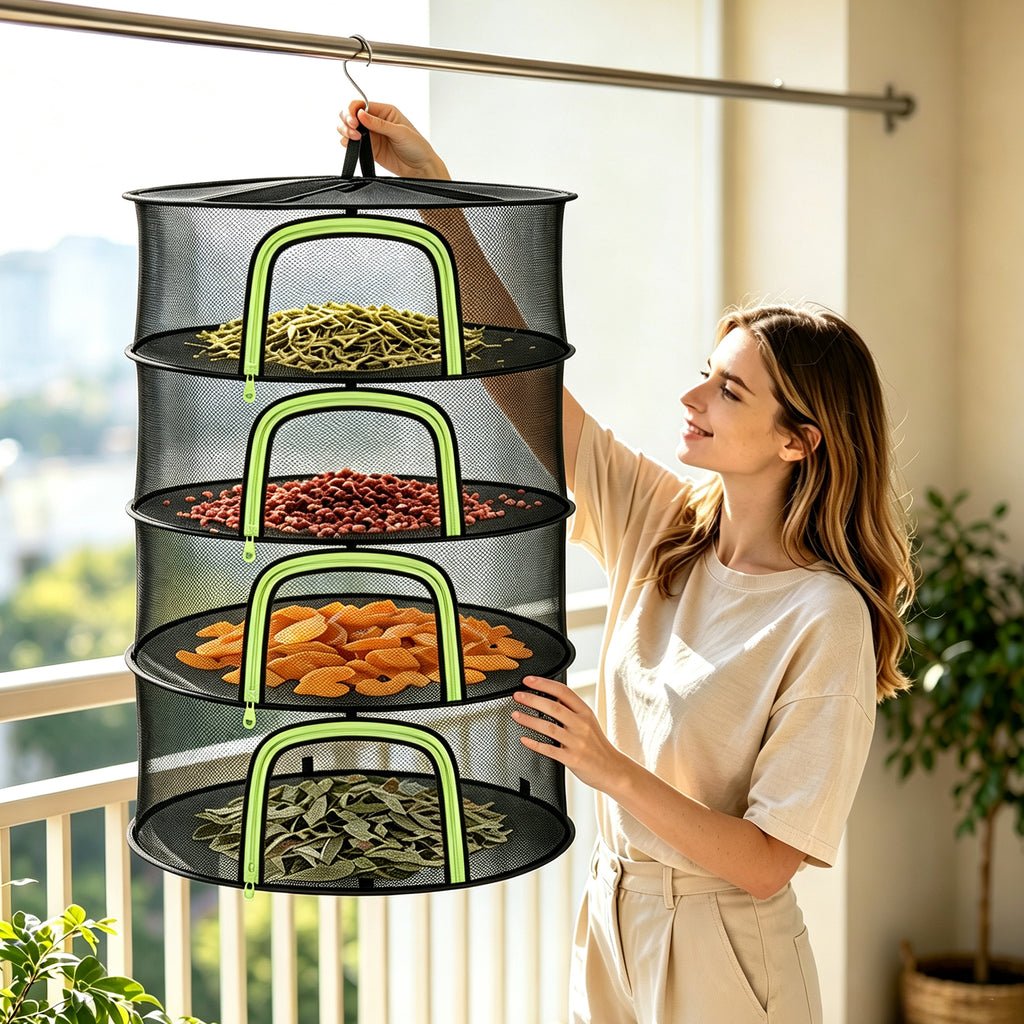 (4 Layers-23.62'') Herb Drying Rack, Hanging Mesh Net, Foldable Plant Drying Rack With U-Shaped Zipper, Garden Trimming Shears and Hooks, For Drying Herbs Plants, Fruits, Seafood, Clothing