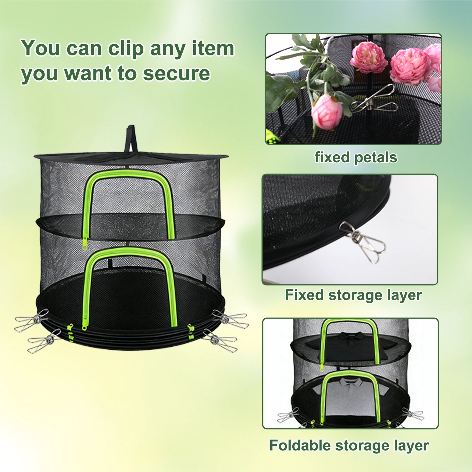 (4 Layers-23.62'') Herb Drying Rack, Hanging Mesh Net, Foldable Plant Drying Rack With U-Shaped Zipper, Garden Trimming Shears and Hooks, For Drying Herbs Plants, Fruits, Seafood, Clothing